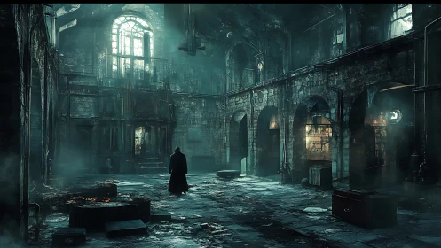 Lone figure crosses ruined industrial hall under cold light