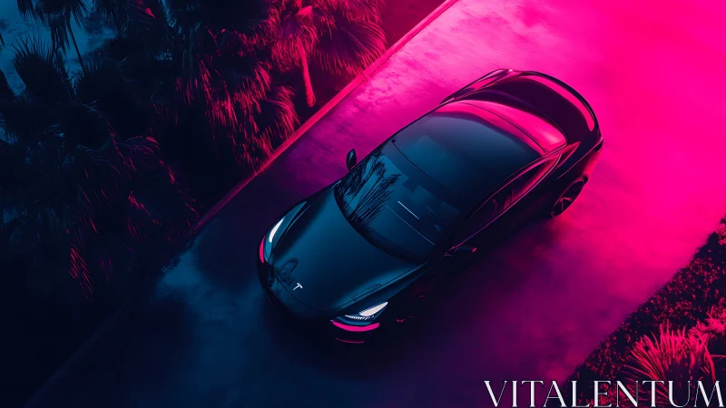 Neon-lit aerial study of electric sedan in chromatic gradient.