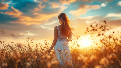 Woman in white dress walking through sunset meadow field.