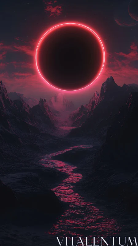 Neon red eclipse over dark alien canyon river glows