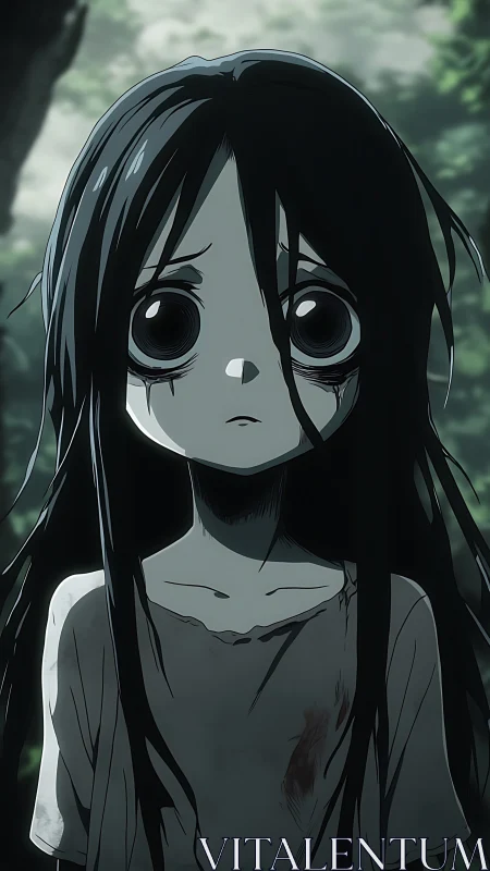 Gaunt anime child with hollow ocular voids in forest gloom.