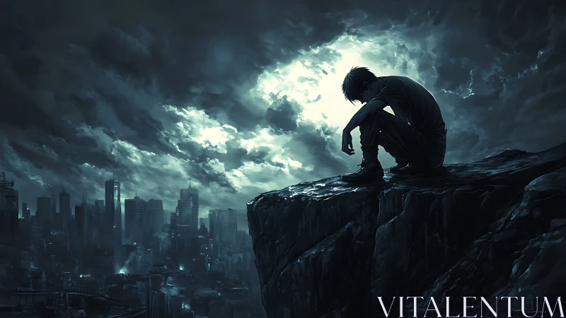 Quiet storm above the city, one soul on the cliff edge.