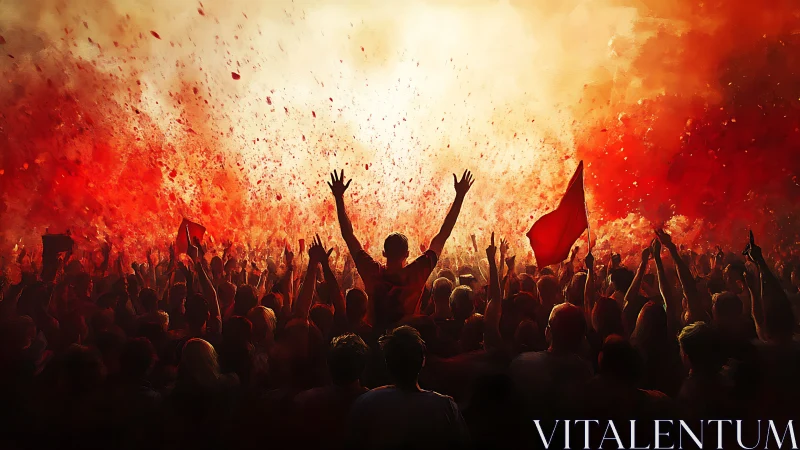 Red-lit crowd celebration under explosive confetti burst.