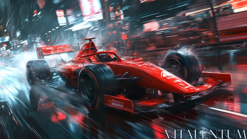 Red single‑seater racing car on wet neon city street at night.