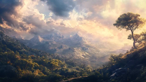 Sunlit mountain valley wrapped in soft, dreamlike clouds.