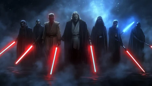 Dark robed warriors with glowing sabers in misty void.