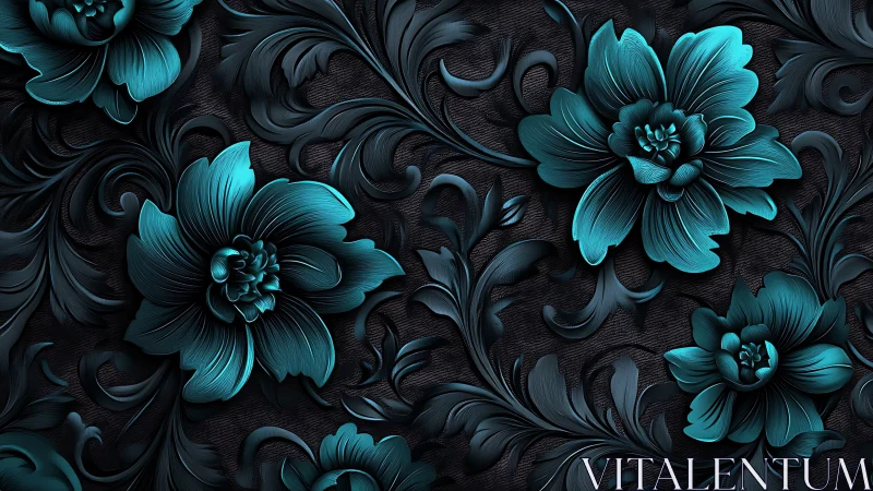 Turquoise Relief Flowers on Dark Ornamental Background.