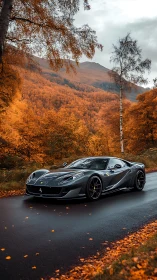 Grey sports car is parked on wet road in autumn forest