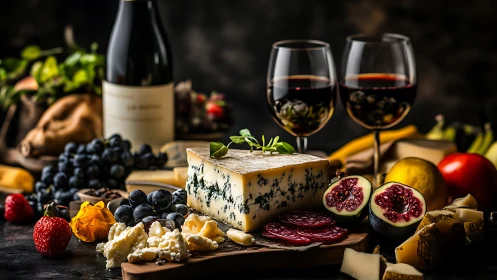 Gourmet cheese and red wine still life creates rustic indulgence