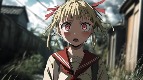 Anime schoolgirl stares forward with shocked wide eyes
