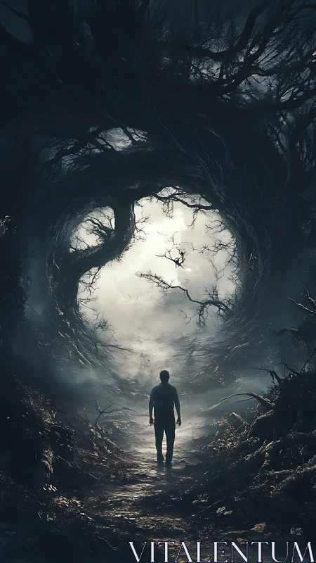 Lone figure entering swirling void forest tunnel portal.