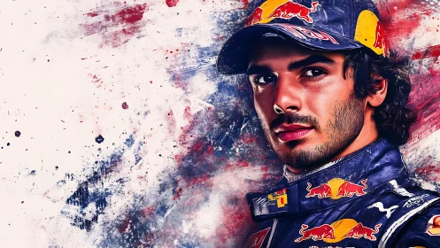 Dynamic racing driver portrait bursts with electric color energy