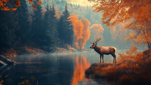 Stag stands by calm river in dense autumn forest light.