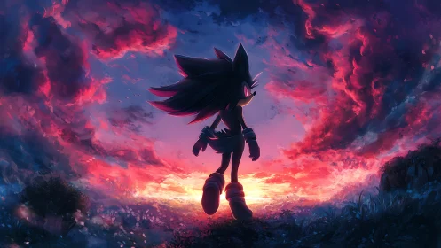 Silhouetted hedgehog figure against vivid sunset sky.