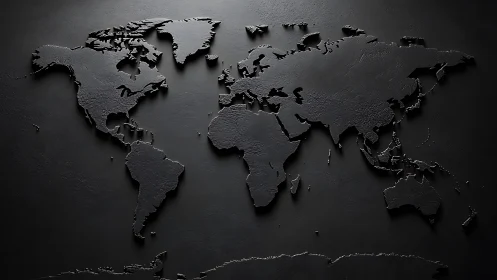Embossed monochrome world map with matte relief surfaces and sharp edges