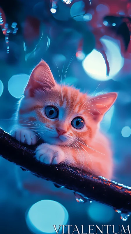 Luminous Feline Perched on Dark Branch with Neon Ambiance