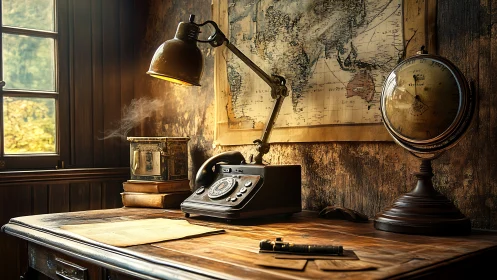 Vintage study desk glows with warm nostalgic lamplight.