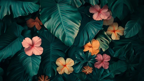 Tropical Flowers with Dark Teal Foliage Composition