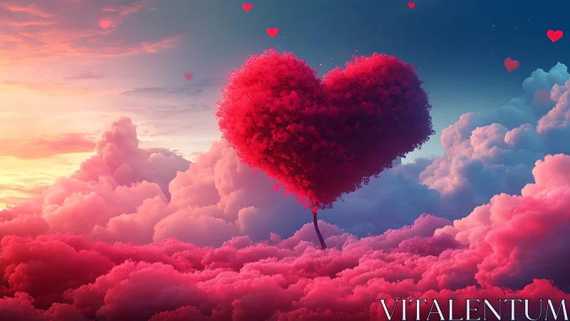 Crimson Heart Tree Floating Above Pink Clouds.