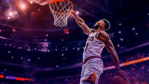 Dynamic courtside dunk under vivid magenta arena lights.