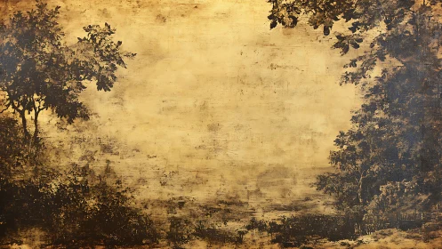 Sepia woodland vignette framing atmospheric empty field.