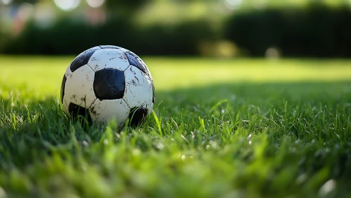 Weathered football on sunlit turf with shallow depth of field.