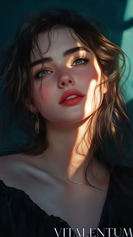 Sunlit portrait of wistful woman with luminous green eyes.