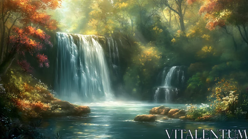 Whispering twin waterfalls in an autumn-lit forest sanctuary.
