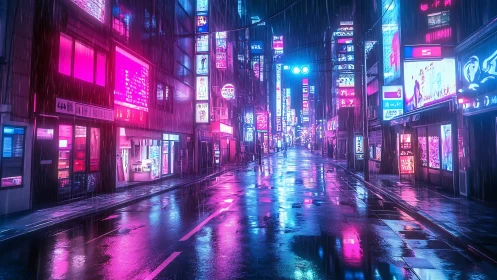 Neon soaked rainy city street with glowing empty road.