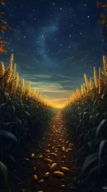 Starlit cornfield corridor leading into a glowing horizon.