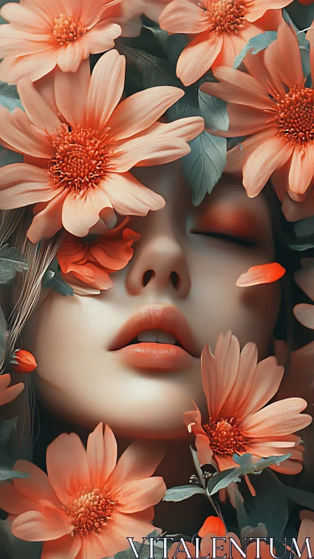 Serene woman’s face blooms amid vivid coral garden flowers