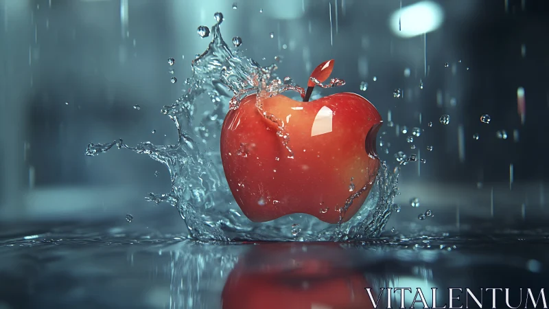Highly polished red apple spline-modeled in mid-splash water simulation