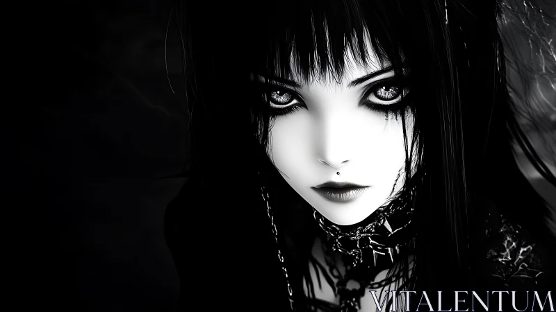 Mysterious gothic girl with luminous eyes in deep shadow.