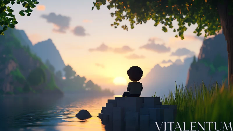 Pixel boy watches tranquil lakeside sunset in soft glow
