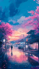 Digital painting of neon dusk street with cherry blossom reflections.
