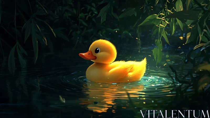 Digital duck figure floats on reflective forest water