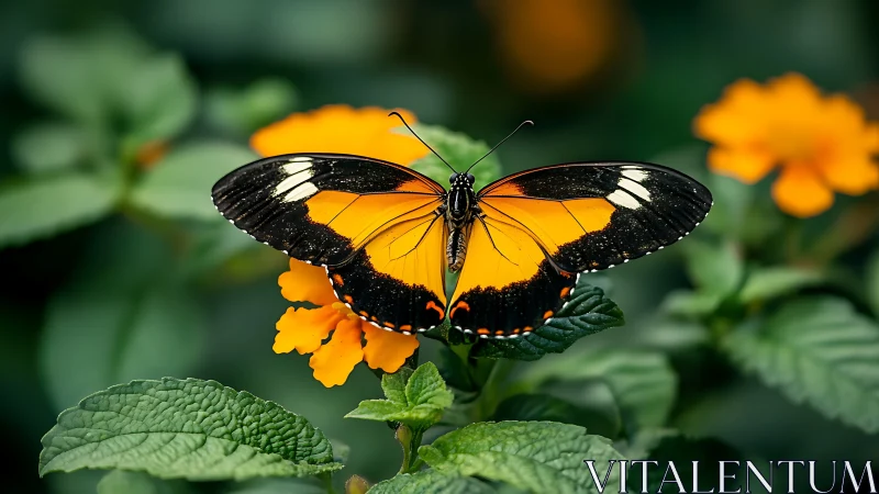 Bright garden butterfly rests gently on vivid orange blooms