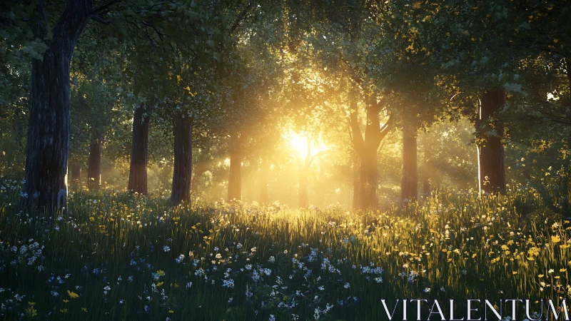 Golden morning sunlight gently fills a peaceful forest meadow