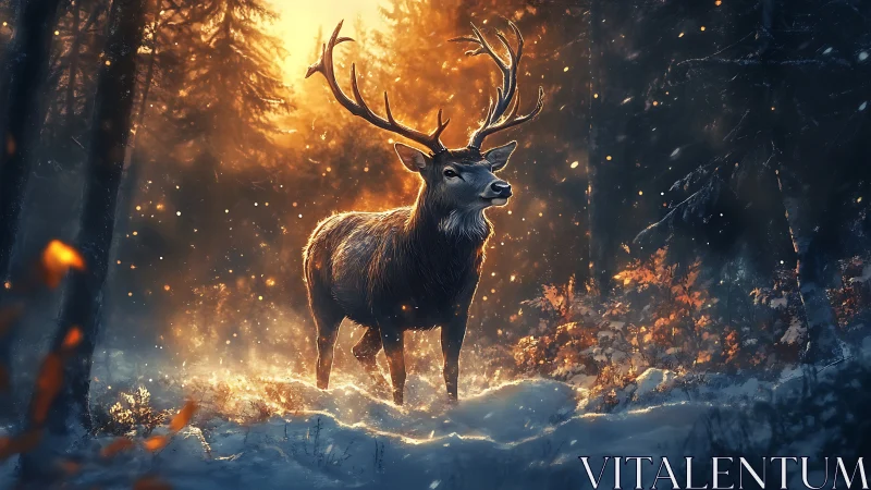 Majestic stag in backlit snowy forest with volumetric glow