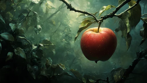 Single crimson apple glows like forbidden fruit in misty grove.