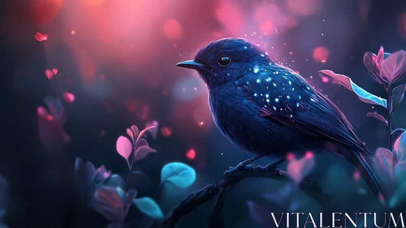 Dreamy Blue Bird on Branch in Magical Neon Forest Art.