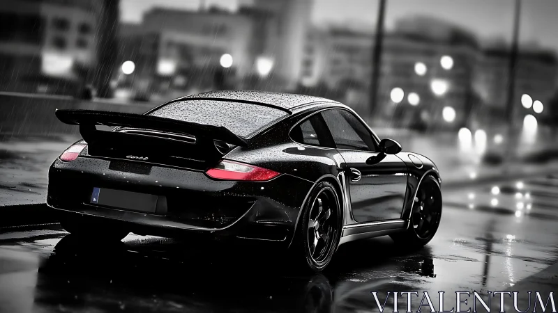 Rain-drenched black sports coupe idles like a midnight storm