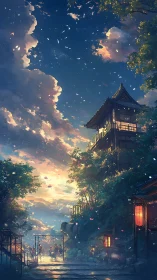 Twilight petals drifting through a lantern-lit village street.