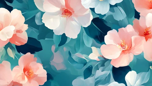 Blooming Floral Composition with Teal and Coral Palette