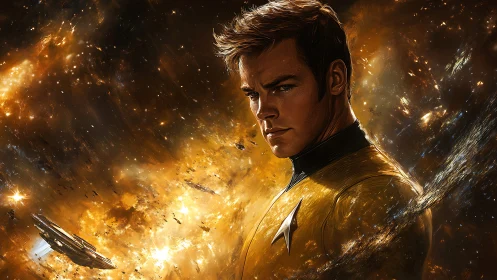 Stellar officer stands defiant amid blazing galactic storm.