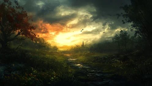 Atmospheric forest pathway under volatile stormlit sunset sky.