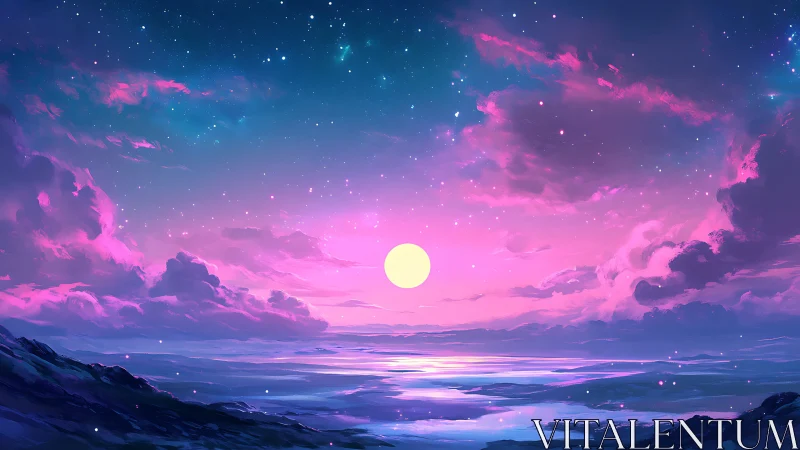 Digital horizon depicts luminous moon over reflective water