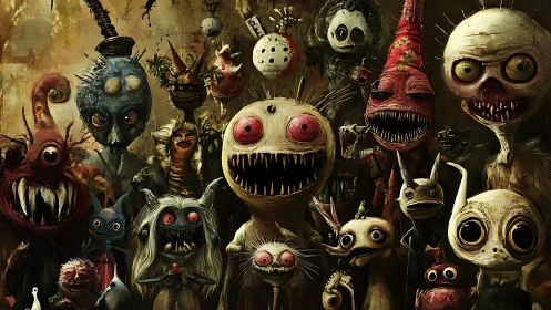 Grotesque stylized monster crowd with exaggerated faces.