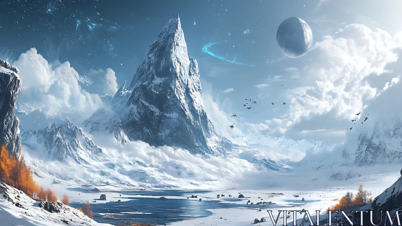 Colossal ice peak dominates alien winter valley sky.