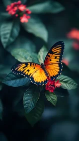Golden butterfly resting softly among deep green leaves.